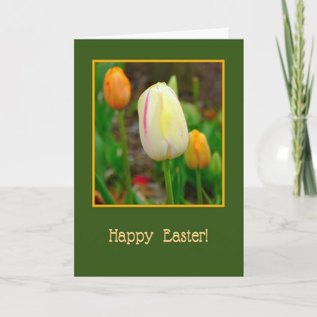 PRETTY CREAM, YELLOW AND PINK TULIP/EASTER MESSAGE HOLIDAY CARD (Front)
