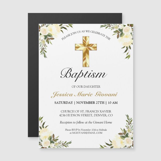 Pretty Creme Roses Gold Cross Baptism (Front/Back)