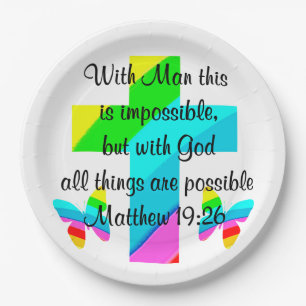 PRETTY CROSS AND RAINBOW MATTHEW 19:26 DESIGN PAPER PLATE