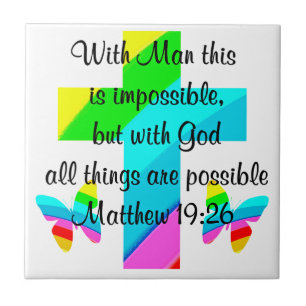 PRETTY CROSS AND RAINBOW MATTHEW 19:26 DESIGN TILE
