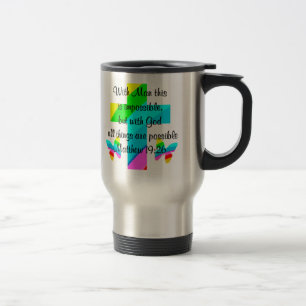 PRETTY CROSS AND RAINBOW MATTHEW 19:26 DESIGN TRAVEL MUG
