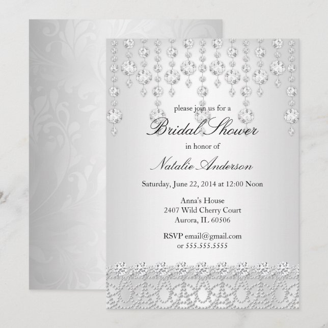 Pretty Crystal Bridal Shower Silver Grey White Invitation (Front/Back)