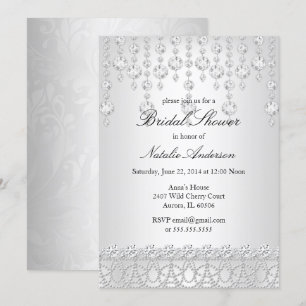 Pretty Crystal Bridal Shower Silver Grey White Invitation