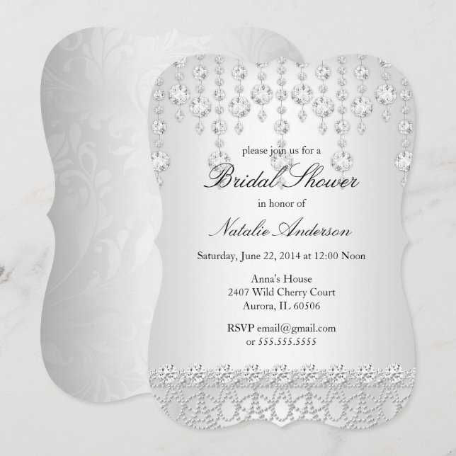 Pretty Crystal Bridal Shower Silver Grey White Invitation (Front/Back)