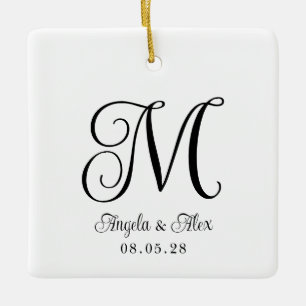 Pretty Curly Wedding Monogram Photo Ceramic Ornament