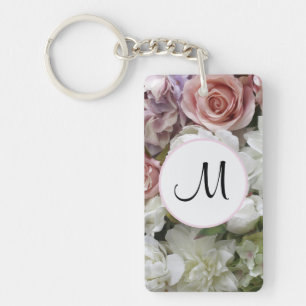 Pretty custom initial pink and ivory floral key ring