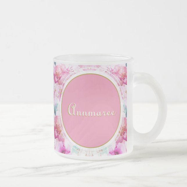 Pretty Custom Name Floral Pink and Gold  Frosted Glass Coffee Mug (Right)