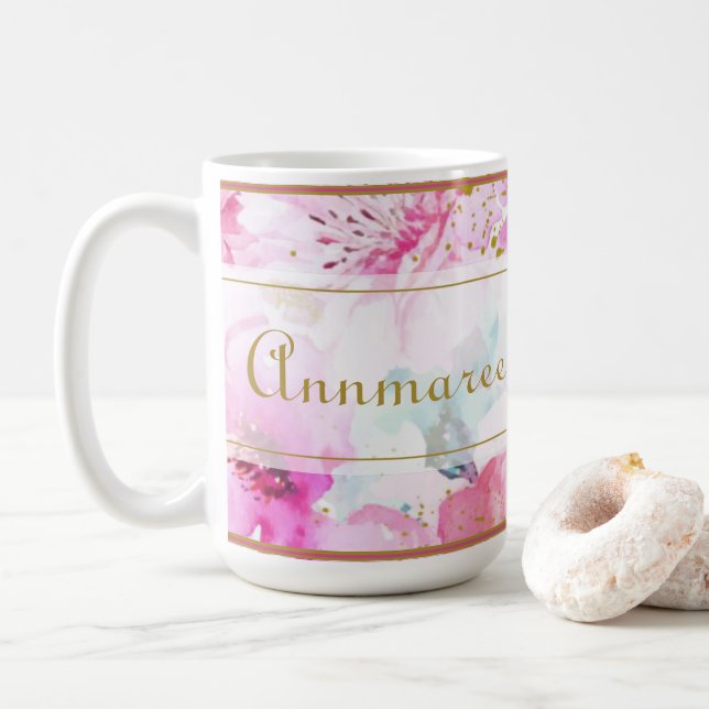 Pretty Custom Name Floral Pink and Gold  Latte Mug (With Donut)