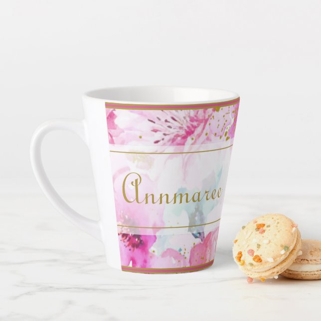 Pretty Custom Name Floral Pink and Gold  Latte Mug (In Situ)