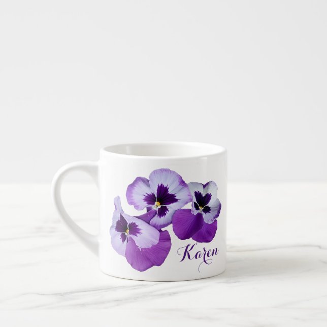 Pretty customizable name Karen purple pansy  Espresso Cup (Left)