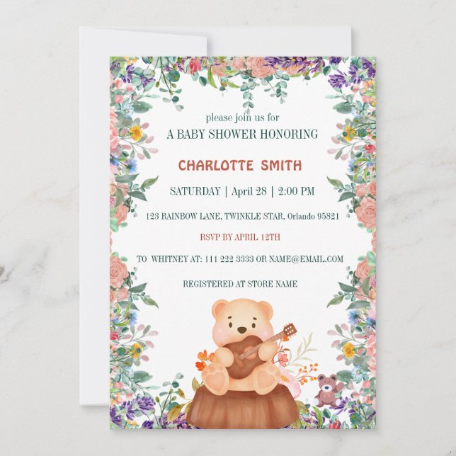 Pretty cute Bear play guitar gradient flora waterc Invitation (Front)