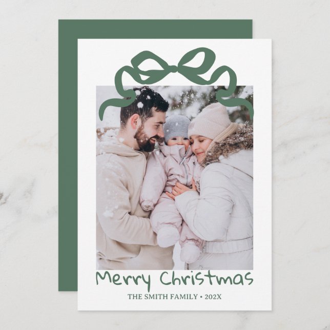 Pretty cute Christmas Green Bow Photo card  (Front/Back)