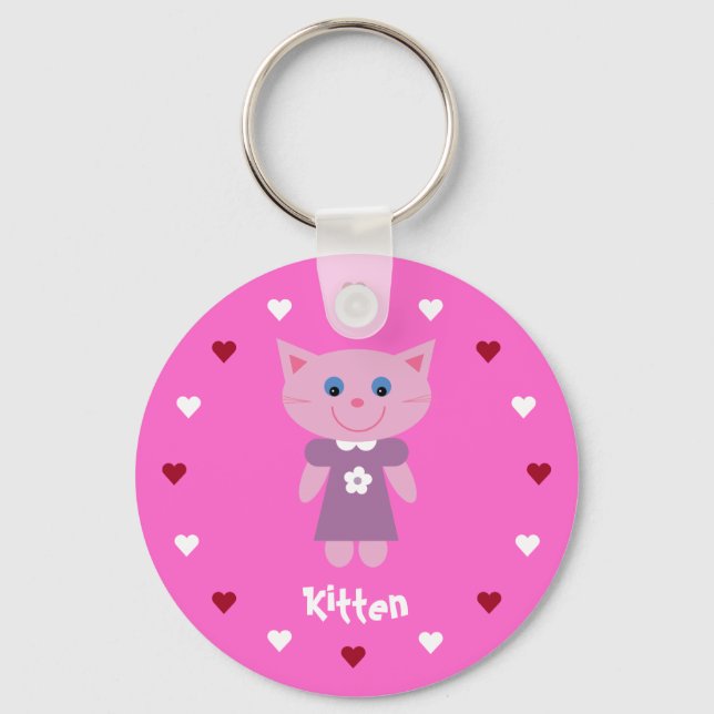 Pretty & Cute Kitten & Hearts Customisable Pink Key Ring (Front)