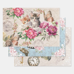 Pretty cute kitty cats sitting in a busket Floral Wrapping Paper Sheet