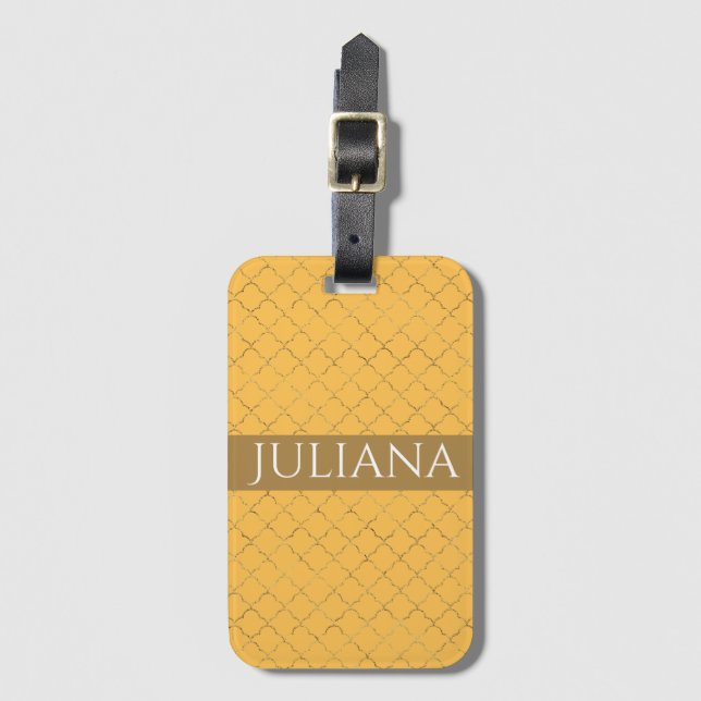 Pretty Daffodil  Gold Quatrefoil Personalised  Luggage Tag (Front Vertical)