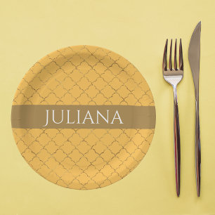 Pretty Daffodil Gold Quatrefoil Personalised Paper Plate