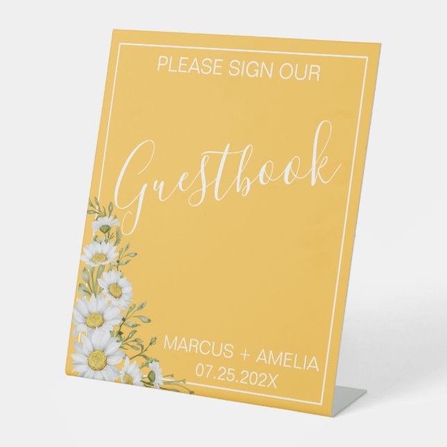 Pretty Daffodil Yellow & White Daisies Guestbook  Pedestal Sign (Front)