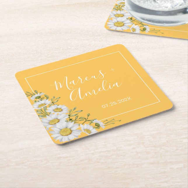 Pretty Daffodil Yellow & White Daisies Wedding Square Paper Coaster (Angled)