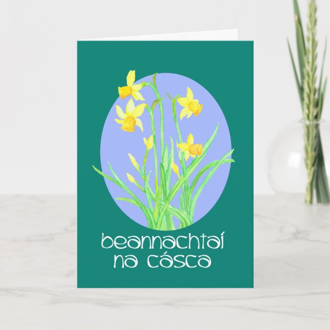 Pretty Daffodils Irish Gaelic Language Easter Holiday Card (Front)