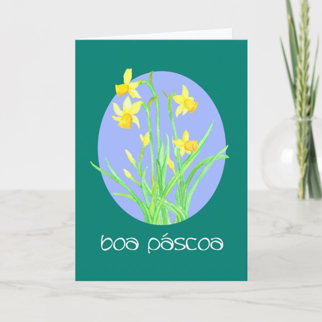 Pretty Daffodils Portuguese Language Easter Holiday Card (Front)