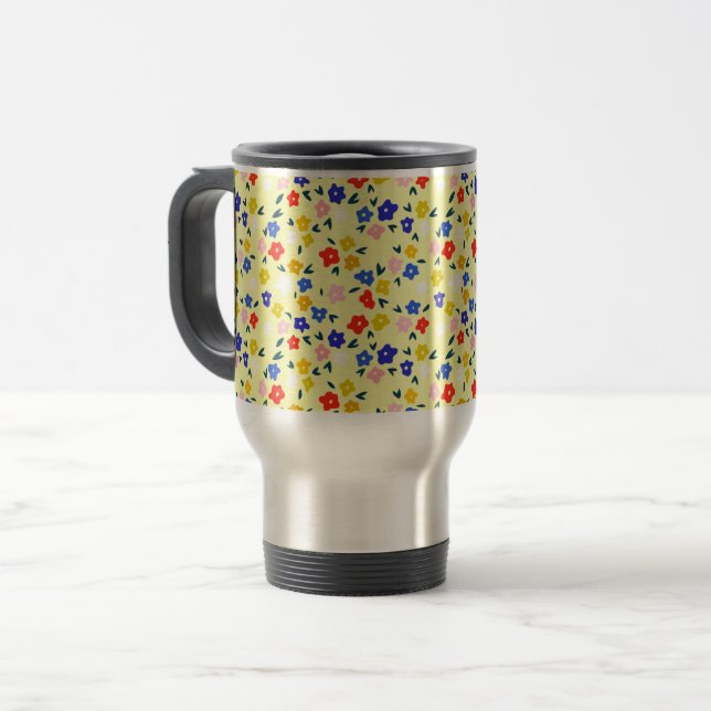 Pretty Dainty Cute Floral on Pastel Yellow Travel Mug (Front Left)