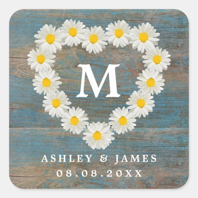Pretty Daisies Monogram Wedding Blue Wood Square Sticker (Front)
