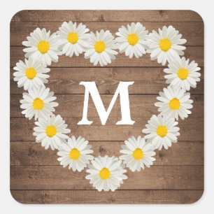 Pretty Daisies Monogram Wedding Rustic Wood Square Sticker