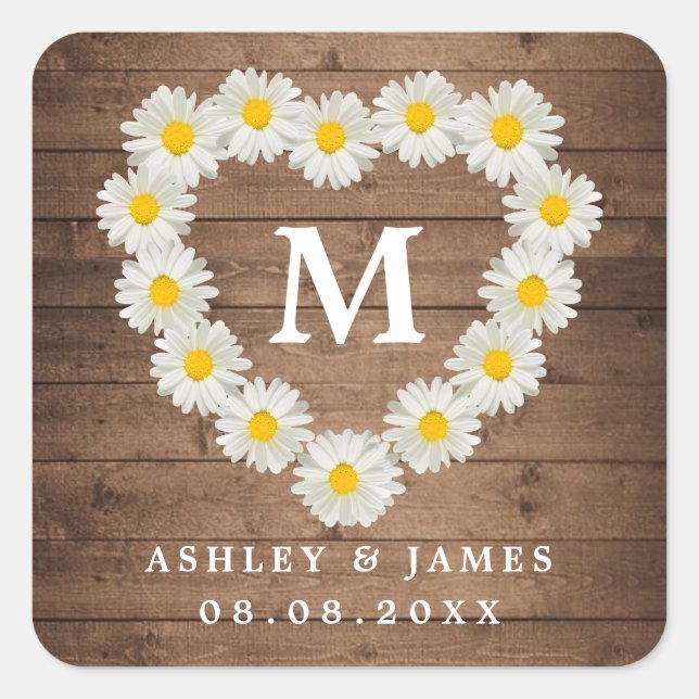 Pretty Daisies Monogram Wedding Rustic Wood Square Sticker (Front)