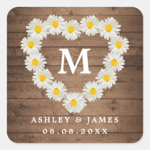Pretty Daisies Monogram Wedding Rustic Wood Square Sticker