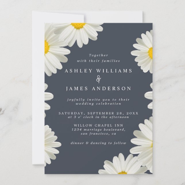 Pretty Daisies White Floral Dark Blue Wedding Invitation (Front)