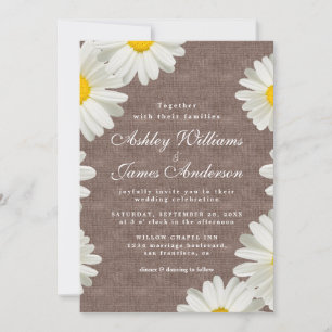 Pretty Daisies White Floral Rustic Linen Wedding Invitation