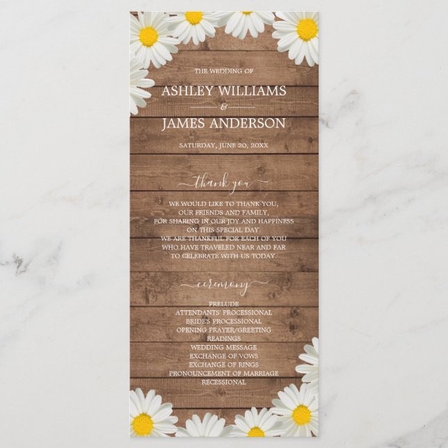 Pretty Daisies White Floral Rustic Wood Wedding Programme (Front)