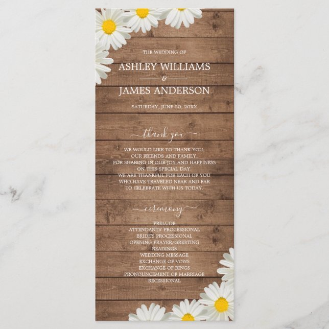 Pretty Daisies White Floral Rustic Wood Wedding Programme (Front)