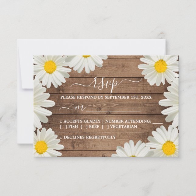 Pretty Daisies White Floral Rustic Wood Wedding RSVP Card (Front)