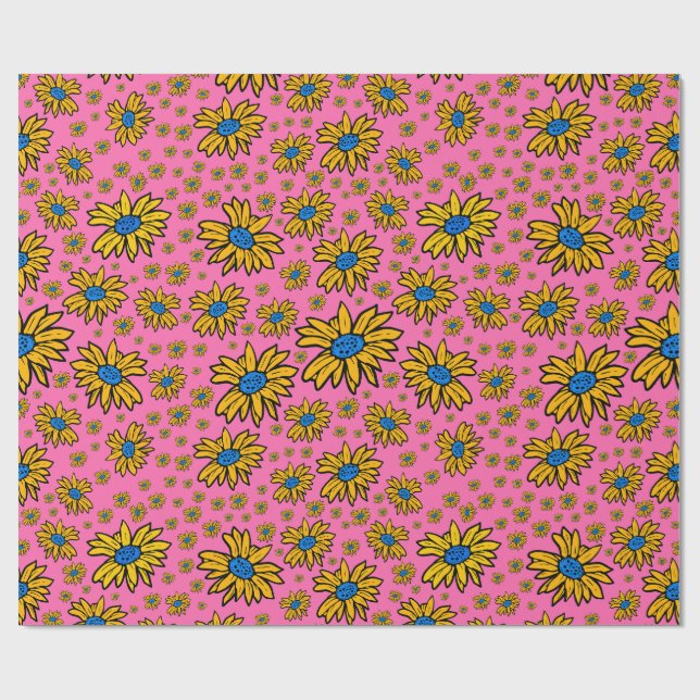 Pretty Daisies Yellow Blue Pink  Wrapping Paper (Flat)
