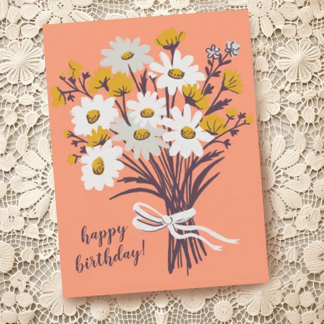 Pretty Daisy Bouquet CUSTOM Happy Birthday Postcard (Happy birthday postcard with hand drawn floral bouquet, customize with your own text)