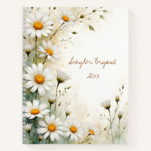 Pretty Daisy Floral Botanical Watercolor Style Notebook