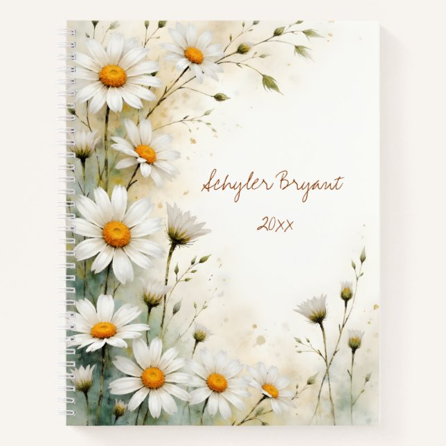 Pretty Daisy Floral Botanical Watercolor Style Notebook (Front)