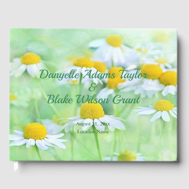 Pretty Daisy Floral, Script Font Wedding Guest Book (Front)
