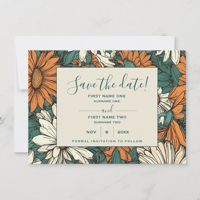 Pretty daisy flowers save the date card (Front)