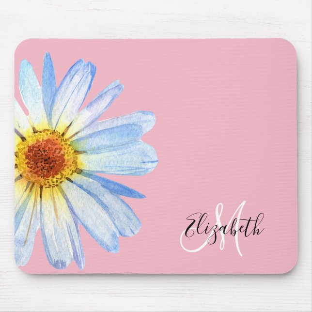 Pretty Daisy White Pink Monogram Mouse Mat (Front)