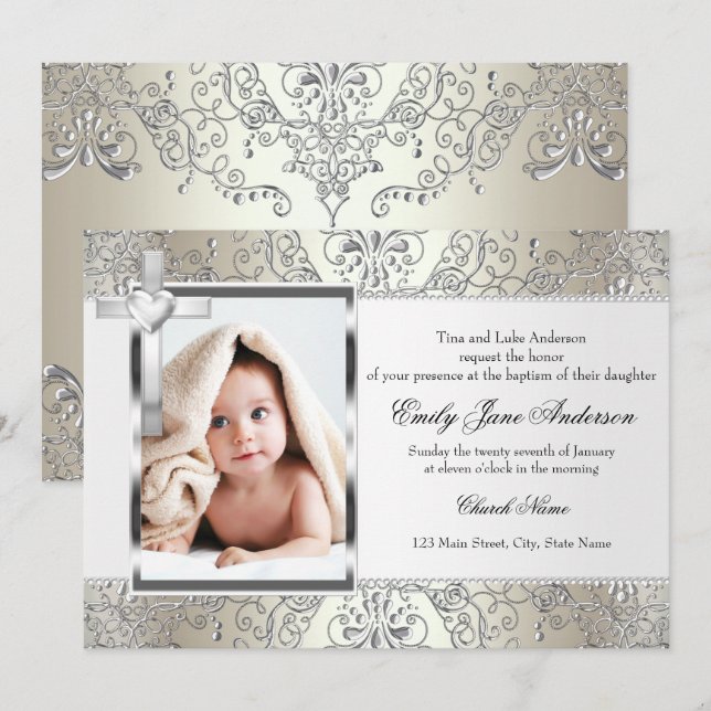 Pretty Damask Cross Photo Baptism Invite (Front/Back)
