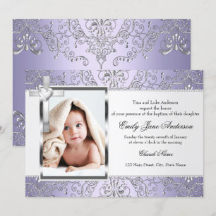 Pretty Damask & Cross Purple Photo Baptism Invite