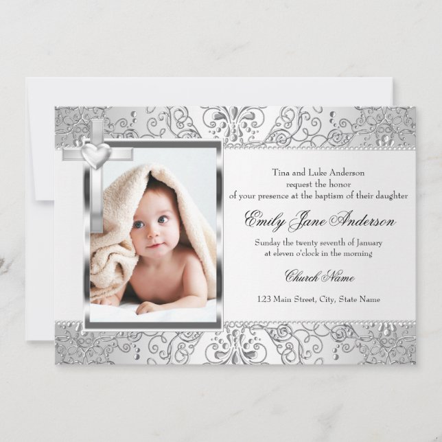 Pretty Damask & Cross Silver Photo Baptism Invite (Front)