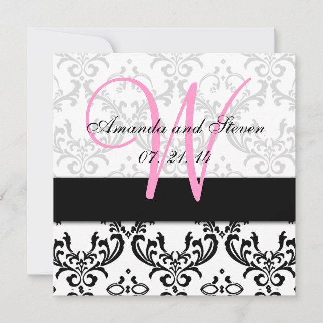 Pretty Damask Pink Monogram Wedding Invitation (Front)