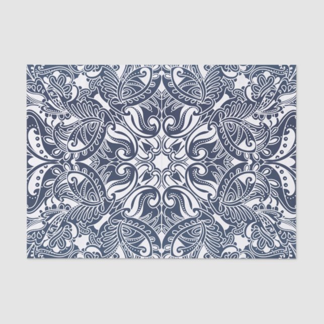 Pretty Dark Blue and White Paisley Tissue Paper (Front)