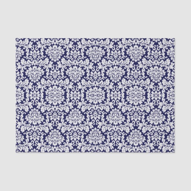 Pretty Dark Blue Floral Damask Tissue Paper (Front)