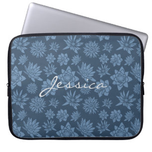 Pretty Dark Blue Floral Pattern Laptop Sleeve