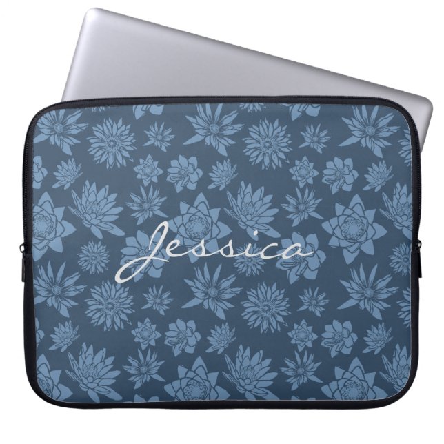 Pretty Dark Blue Floral Pattern Laptop Sleeve (Front)