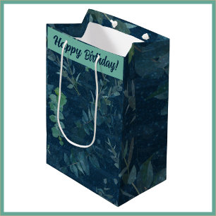 Pretty Dark Blue & Teal Green Leaves Birthday Medium Gift Bag